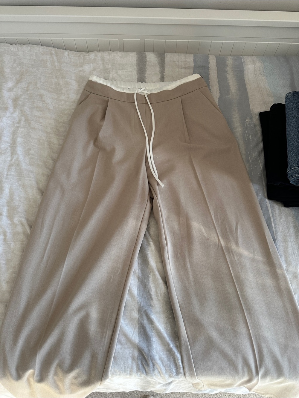 Zara Wide-Leg Trousers with White Drawstring Waistband, Double Waistband